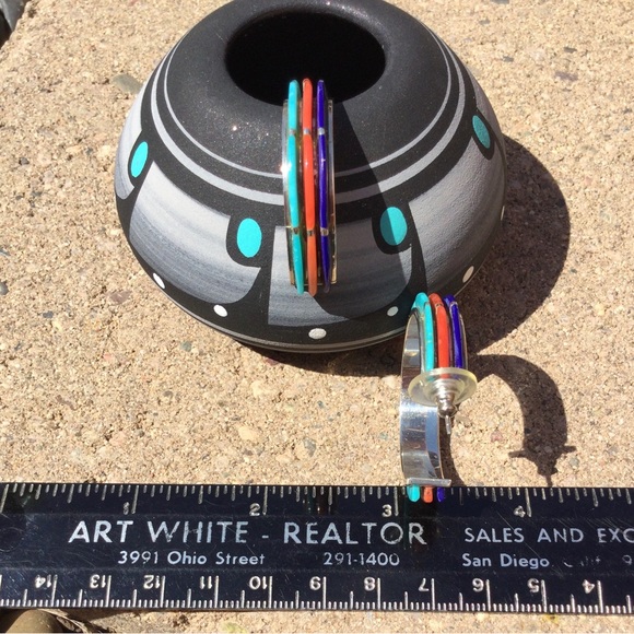 Vintage Native American - Turquoise, Coral & Lapis - Hoop Earrings - Picture 16 of 16